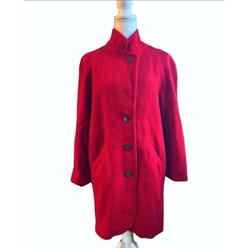 Vintage Red Wool Coat Mid Length Button Front Women's Medium